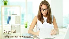  Presentation with working - Presentation enhanced with concentrated girl working with document background and a cream colored foreground