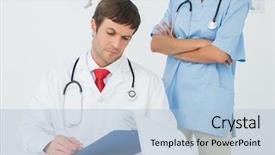  Presentation with male nurse - Presentation design with concentrated male doctor reading reports beside a nurse in the medical office background and a light blue colored foreground