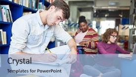  Presentation with student writing - Amazing slide deck having concentrated male student writing report backdrop and a light blue colored foreground