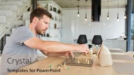  Presentation with chat - Amazing PPT theme having concentrated-man-playing-chess backdrop and a coral colored foreground