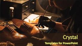  Presentation with workshop - Theme featuring concentrated man shoemaker at footwear background and a wine colored foreground