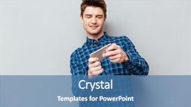  Presentation with smartphone - Colorful theme enhanced with concentrated man wearing casual play backdrop and a  colored foreground