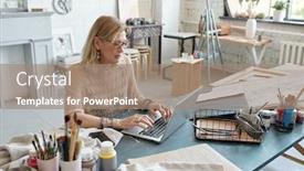  Presentation with artist - Cool new PPT layouts with concentrated-mature-artist-in-eyeglasses backdrop and a coral colored foreground