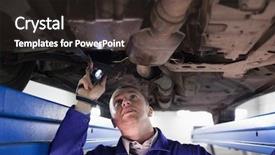  Presentation with garage car - Colorful PPT theme enhanced with concentrated mechanic illuminating a car with a flashlight in a garage backdrop and a tawny brown colored foreground