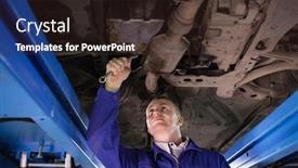  Presentation with garage car - Slide deck with concentrated mechanic repairing below of a car in a garage background and a wine colored foreground