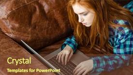  Presentation with brown leather - Slide set featuring concentrated pensive young redhead woman in checkered shirt working with laptop and lying on brown leather couch background and a tawny brown colored foreground