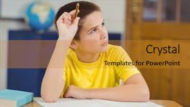  Presentation with pupil - Beautiful slide deck featuring concentrated pupil working at his desk in a classroom in school backdrop and a gold colored foreground