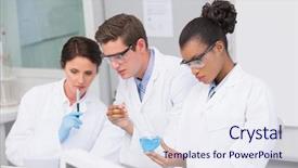  Presentation with working together - Beautiful slide set featuring concentrated scientists working together backdrop and a sky blue colored foreground