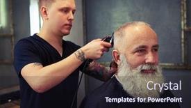  Presentation with barber - Amazing PPT theme having concentrated skillful barber making haircut to handsome attractive senior man with beard and working with electric razor backdrop and a wine colored foreground