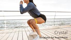  Presentation with band - Slide deck featuring concentrated sportswoman doing exercises with a rubber band at the beach background and a lemonade colored foreground