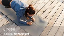  Presentation with exercises - PPT theme consisting of concentrated sportswoman doing plank exercises on a fitness mat at the beach background and a gray colored foreground