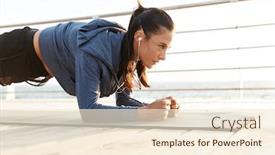  Presentation with exercises - Slides enhanced with concentrated sportswoman doing plank exercises on a fitness mat at the beach background and a cream colored foreground