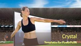  Presentation with discus throw - Presentation theme with concentrated sportswoman practising discus throw background and a tawny brown colored foreground