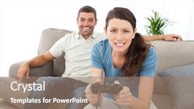  Presentation with war video game - Amazing PPT theme having concentrated woman playing video game backdrop and a coral colored foreground