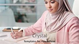  Presentation with marketing strategy - Colorful PPT theme enhanced with concentrated-young-arabian-businesswoman backdrop and a soft green colored foreground