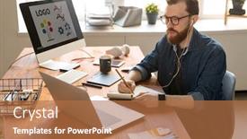  Presentation with listening - PPT theme enhanced with concentrated-young-bearded-man-listening background and a coral colored foreground