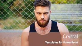  Presentation with tshirt - Slide deck having concentrated young bearded man in tshirt looking at camera outdoors background and a coral colored foreground