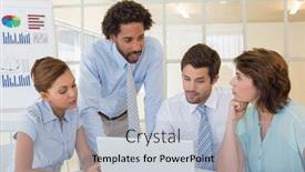  Presentation with young business people - PPT theme having concentrated young business people using laptop in meeting at office desk background and a light blue colored foreground