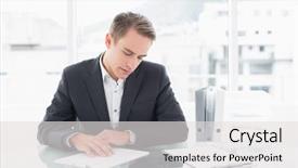  Presentation with reading - Colorful presentation enhanced with concentrated young businessman reading documents backdrop and a light gray colored foreground