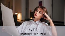  Presentation with blueprint - Theme enhanced with concentrated young businesswoman sitting and looking at blueprint in office background and a light gray colored foreground