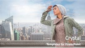  Presentation with clothes - Amazing PPT theme having concentrated young model in winter clothes watching around her against balcony overlooking city backdrop and a gray colored foreground