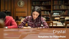  Presentation with student writing - Audience pleasing PPT theme consisting of concentrated-young-woman-student-studying backdrop and a red colored foreground