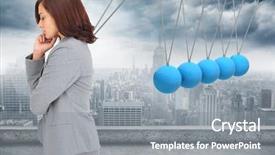  Presentation with city - Audience pleasing PPT layouts consisting of concentrating businesswoman against newtons cradle backdrop and a gray colored foreground