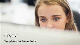  Presentation with computer room - Amazing slide deck having concentrating pretty student working on computer in computer room backdrop and a light gray colored foreground