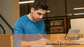  Presentation with student - Amazing PPT theme having concentration - image of a young student backdrop and a gold colored foreground