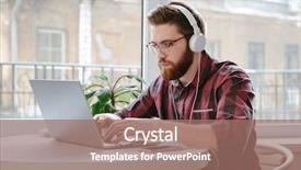  Presentation with computer music - Colorful presentation theme enhanced with concentration - image of concentrated bearded young backdrop and a coral colored foreground