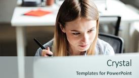  Presentation with work - Theme enhanced with concentration - photo of concentrated young woman background and a sky blue colored foreground