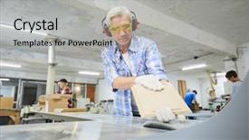  Presentation with wrinkles gray hair - PPT theme with concentration - serious concentrated gray-haired senior carpenter background and a light gray colored foreground