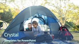  Presentation with campsite - Presentation theme having concentration camp - kids using laptop background and a ocean colored foreground