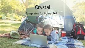  Presentation with campsite - Presentation theme featuring concentration camp - siblings using laptop outside background and a  colored foreground