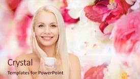  Presentation with beauty cosmetics - Presentation consisting of concept - beautiful woman applying cream background and a  colored foreground