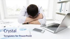  Presentation with paperwork - Slides featuring concept - businessman with laptop computer background and a sky blue colored foreground