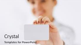  Presentation with business card - Amazing slide deck having concept - businesswoman showing blank card backdrop and a white colored foreground