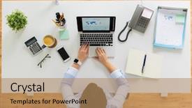  Presentation with business programming code abstract technology - Slides having concept - businesswoman with laptop computer background and a coral colored foreground