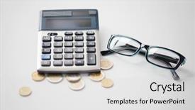 Presentation with bookkeeping - PPT layouts having concept - calculator eyeglasses and euro background and a light gray colored foreground