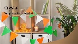  Presentation with st patricks day - Audience pleasing theme consisting of close up of bookcase decorated backdrop and a coral colored foreground