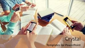  Presentation with education technology - PPT theme featuring people education technology and exam background and a coral colored foreground