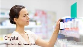  Presentation with medicine - PPT theme having concept - female customer choosing drug background and a lemonade colored foreground