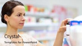  Presentation with healthcare - PPT theme consisting of medicine pharmaceutics healthcare and people concept - female customer choosing drugs at pharmacy background and a lemonade colored foreground