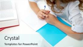  Presentation with children education - PPT theme featuring concept - girl with book writing background and a  colored foreground