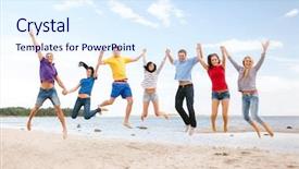  Presentation with shells beach summer holiday - PPT layouts enhanced with concept - group of friends jumping background and a sky blue colored foreground