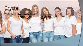  Presentation with diversity women - Amazing slide deck having friendship diversity body positive and people concept - group of happy different size age and ethnicity women in white t-shirts hugging over city skyscrapers background backdrop and a coral colored foreground