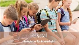  Presentation with elementary school technology - Cool new theme with concept - group of happy elementary backdrop and a  colored foreground