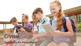  Presentation with elementary school technology - Slides enhanced with concept - group of happy elementary background and a  colored foreground