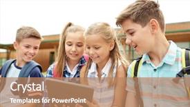  Presentation with elementary school technology - Beautiful PPT theme featuring concept - group of happy elementary backdrop and a  colored foreground