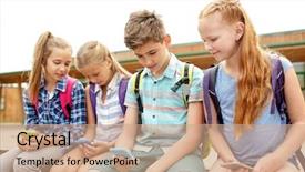  Presentation with elementary school technology - Slide set consisting of concept - group of happy elementary background and a coral colored foreground